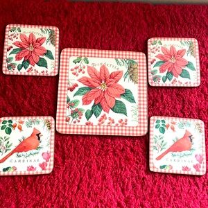 NIB “Christmas Poinsettia Trivet & 4 Coasters Set”